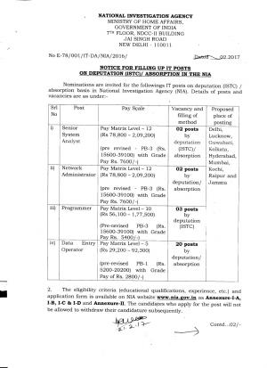 NIA  New Delhi vacancies , Apply for 27 Senior System Analyst and other Posts