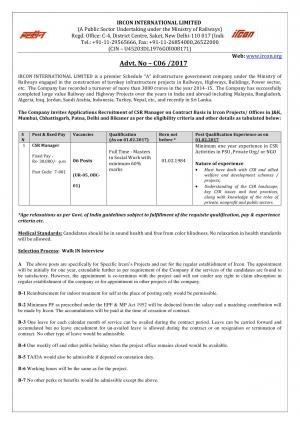 IRCON International Limited Issued Notifications for 06 CSR Manager Posts 
