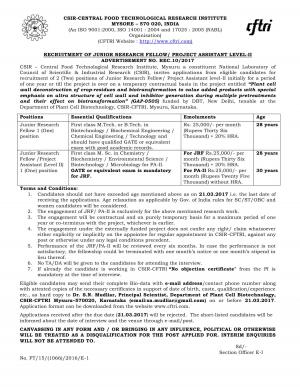 CFTRI Recruitment 2017 for 02 posts of Junior Research Fellow & Project Assistants
