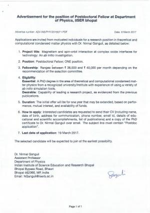 Post Doctoral Fellow Vacancies, Apply for the posts at IISER, Bhopal 