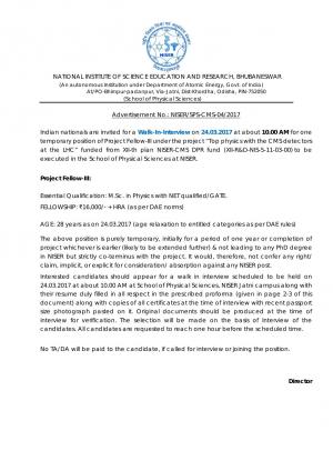 NISER Issued Notification For 01 Project Fellow-III Post