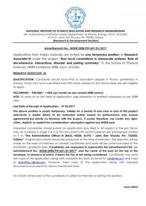 NISER Issued Notification For 01 Research Associate-III Post