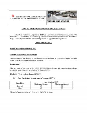 DMRC Openings 2017, Apply for 1 Post of Director (Works) 