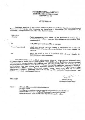 Indian Statistical Institute Kolkata is seeking applicants for Data Centre Manager and  JRF Posts 2