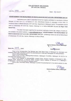Collectorate Malkangiri Issued Notifications for 38 Sikhya Sahayak/Sahayika Posts 