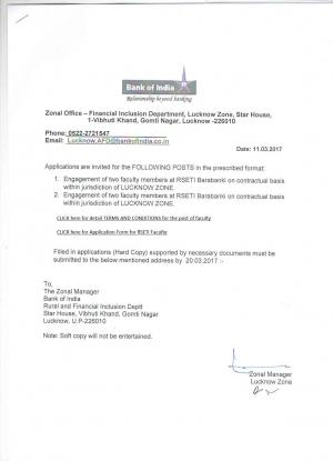 BOI Issued Notifications for 4 Faculty Posts for appointment at RESTI Barabanki 