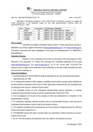 MIDHANI Openings 2017 for 35 posts of Fitter, Electrician and Others