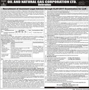 ONGC, Dehra Dun Recruitment 2017 for 15 posts of Assistant Legal Advisor through CLAT-2017 LLM