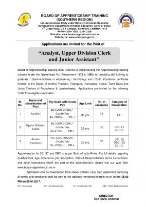 Board of Apprenticeship Training Chennai invites applications for 8 Analyst and Other Posts