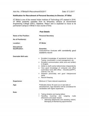 IIT Bhilai Is Hiring For 2 Personal Secretary