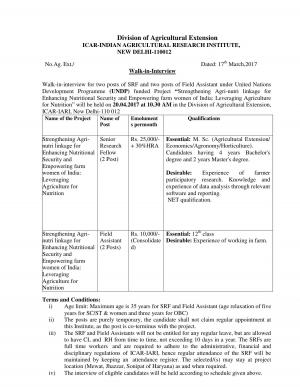 ICAR IARI Issued Applications for 08 Senior Research Fellow, Field Assistant and Other Posts