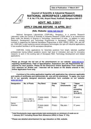 CSIR NAL, Bengaluru Recruitment 2017 for 24 Posts of Scientists and Senior Scientists