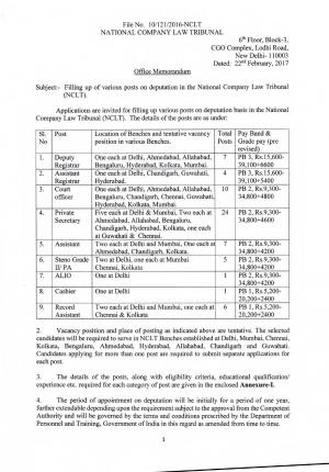 NCLT Issued Applications for 65 Private Secretary, Court Officer and Other posts