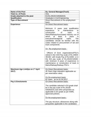 KMRL Vacancies, Apply for 1 Post of Deputy General Manager