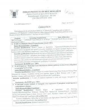 Research Opportunity at ICAR IIRR, Walk in for 9 SRF, Young Professional & Technical Assistant posts