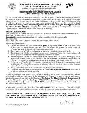 CSIR CFTRI Vacancies, Apply for 1 Project Assistant (Level – II) Posts