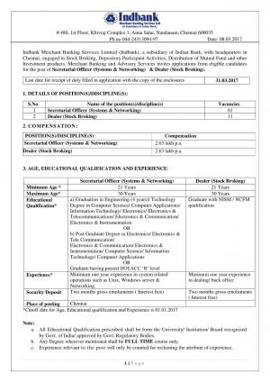 IndBank issued Applications for 16 Dealer (Stock Broking), Equity Research Analyst, and other Posts