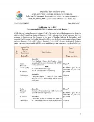 CSIR CLRI Chennai 2017 for 7 Junior Research Fellow (JRF) and other Posts