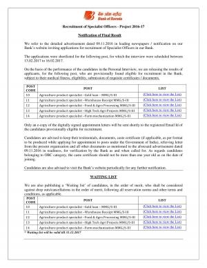 BOB Specialist Officer Agriculture product specialist Result