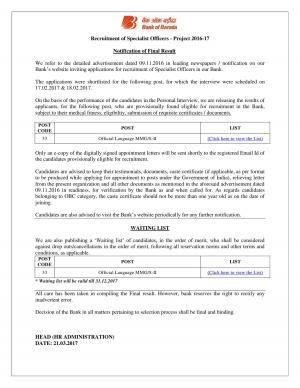 BOB Specialist Officer Official Language Result