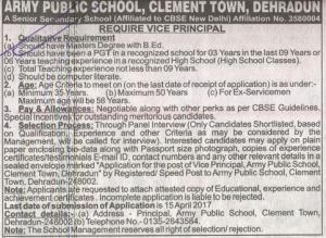Army Public School, Dehradun Opening 2017 for 01 Post of Vice Principal