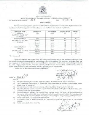 North Orissa University Hiring for Professor, Assistant Professor and Associate Professor Posts 