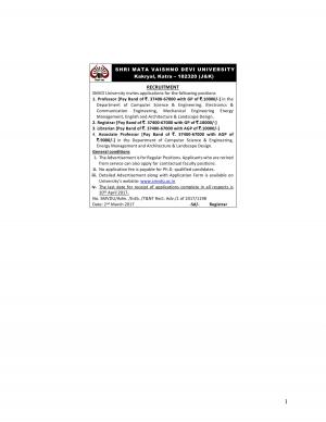 SMVDU Invites Applications for the Faculty and Other Non-Teaching Staff Posts 