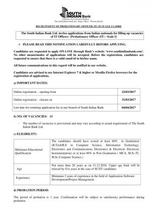 South Indian Bank Probationary Officer (IT) Vacancies, Apply 15 IT officer Posts Here  