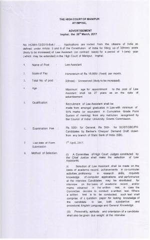 Opportunity for 03 Law Assistant at High Court of Manipur; Apply before 07 April
