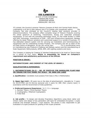 ITI Limited, Bangalore Recruitment 2017 for 06 Posts of Mathematicians & Chemists 