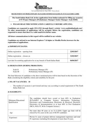 South Indian Bank PO Recruitment, Apply for 10 Senior Manager (IT) Here  