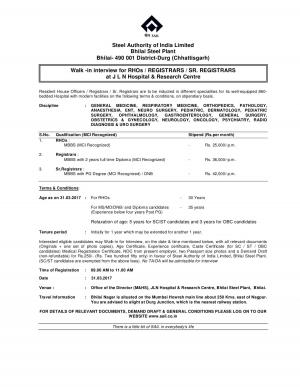SAIL, Bhilai is Recruiting, Apply for 3 Resident House Officers, Registrars, and Sr. Registrar Posts 