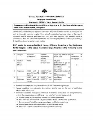 SAIL, WB Recruitment 2017, Walk-In for 8 RHOs, Registrars and Sr. Registrars Posts 