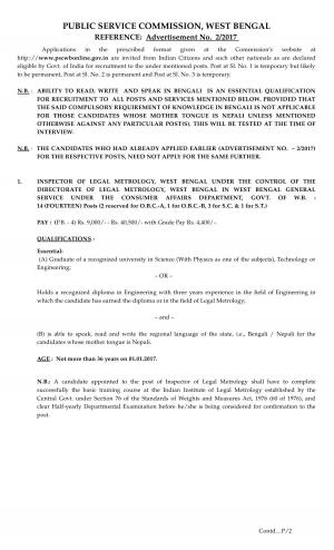 PSCWB Invited Applications for 16 Inspector of Legal Metrology & Other Posts