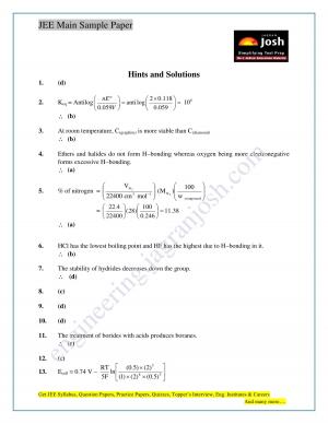 JEE Main Sample Paper Set 11 Chemistry Solutions