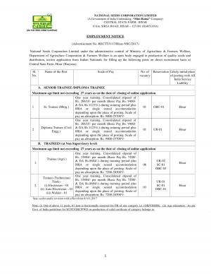 National Seeds Corporation Limited Invited Applications for 11 Diploma Trainee & Other Posts