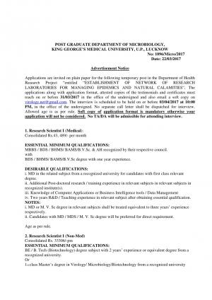 KGMU, Lucknow Hiring 04 Research Assistant and Lab Technicians Posts