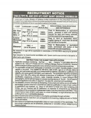 Ministry of Defence, Fort Saint George, Chennai Openings for 05 Posts of Cleaners and Others