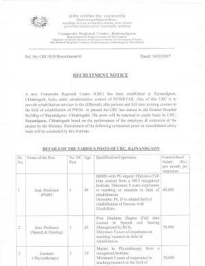 SVNIRTAR, CRC, Rajnandgaon Openings 2017 for 06 posts of Assistant Professors, Lecturers & Others
