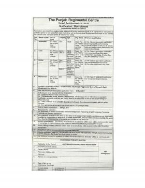 MOD, Punjab Regimental Centre Openings 2017 for 08 posts of Cook, Barbers & Others