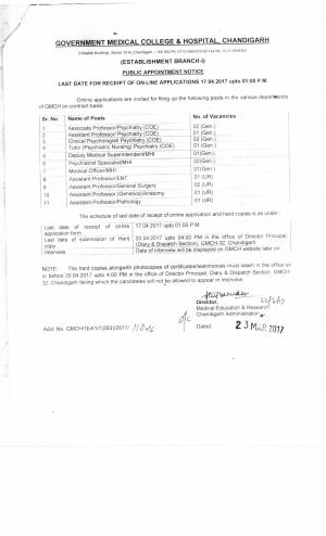 GMCH Chandigarh Faculty Recruitment 2017 for 16 Associate Professor and other Posts