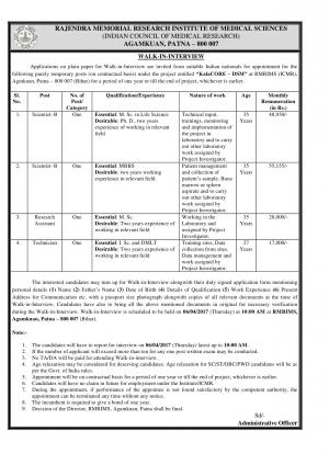 RMRIMS Hiring 04 Research Assistant & Other Posts
