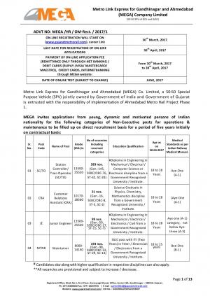 MEGA Company Limited Openings 2017 for 606 posts of Train Operators, Junior Engineers & Others