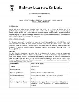 Balmer Lawrie & Co. Ltd. Invited Applications for 06 Junior Officer Posts