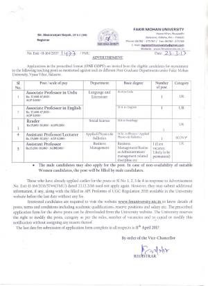 Fakir Mohan University Faculty Recruitment 2017, Apply for 5 Assistant Professor and Other Posts