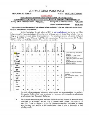 CRPF Recruitment 2017, Apply for 240 posts of ASI, SI, CT/Pioneer, and Other Posts 