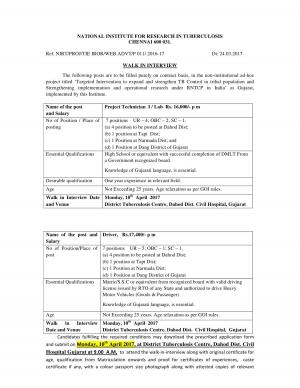 NIRT Recruitment 2017, Matriculates can Apply for 14 Project Technician & Driver Posts