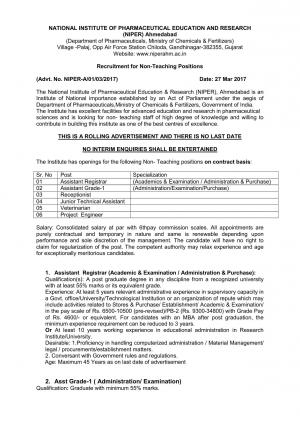 NIPER Hiring 06 Non-Teaching Contractual Posts