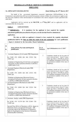MPSC Shillong Recruitment 2017, Apply for 17 Assistant Engineer and Assistant Analyst Posts