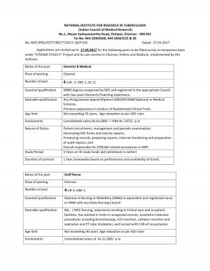 NIRT Recruitment 2017 for 23 Posts of Scientist, Staff Nurse, Data Entry Operator & Others 